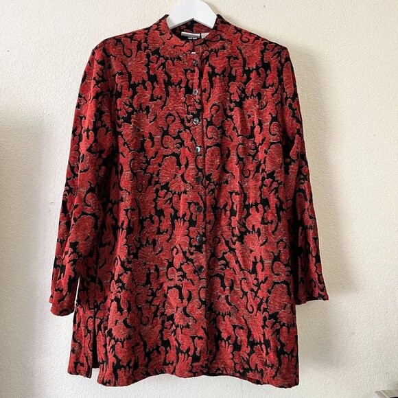 Chico's Design 90s Shirt Jacket Womens 3 Red Black Embroidered Mandarin Collar - Picture 1 of 8